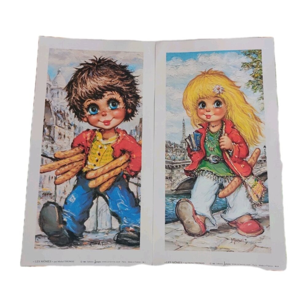 Vtg Retro 80s French Mid Century Big Eyed Paris Boy Girl Art Print Michel Thomas